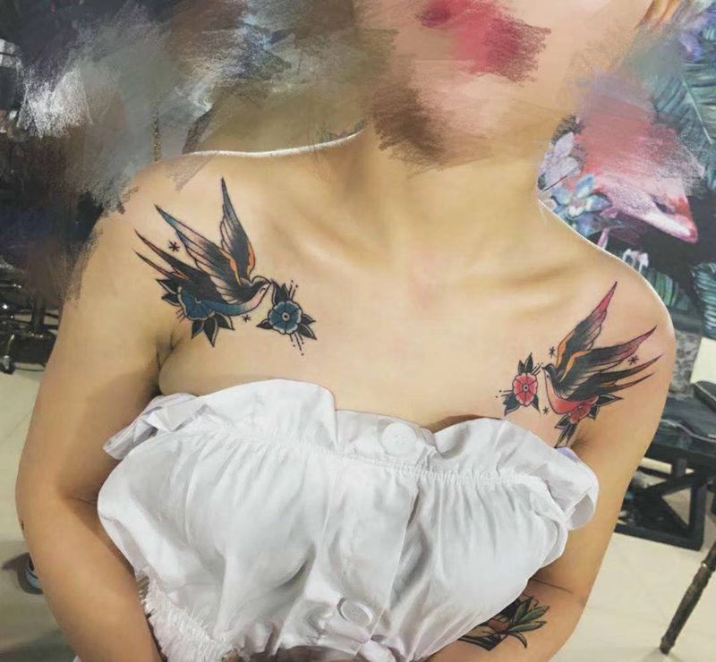 全程无痛效果  锁骨小清新纹身图片