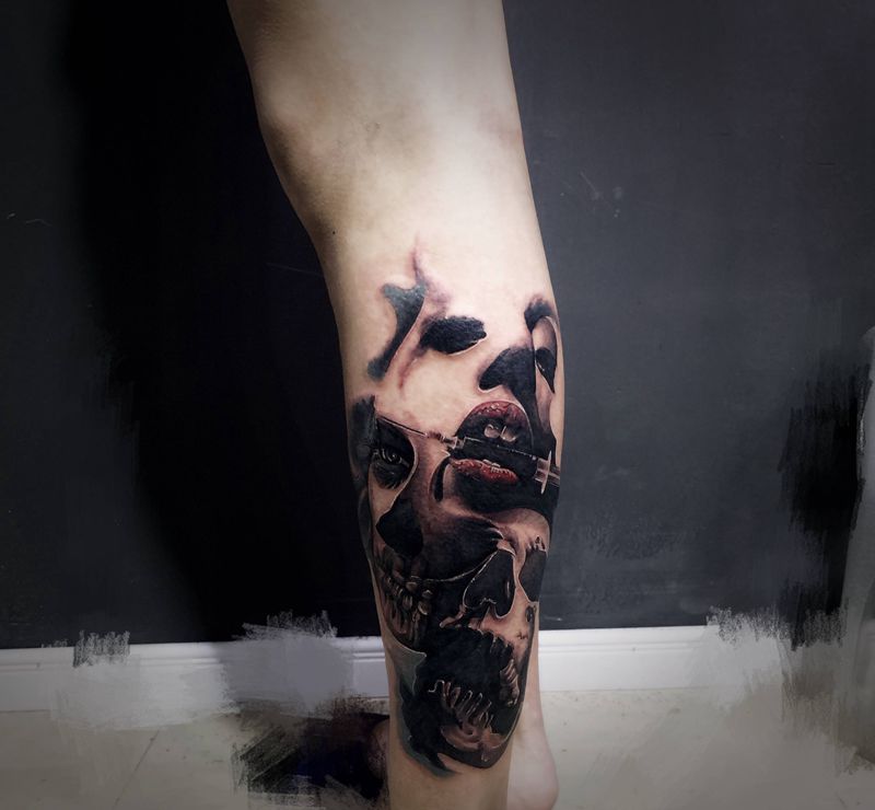 写实作品纹身图片_腿部欧美写实纹身图案