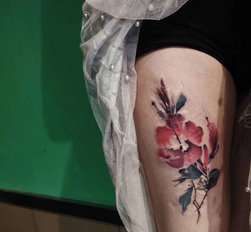 疤痕遮盖纹身图片_腿部水彩纹身图案