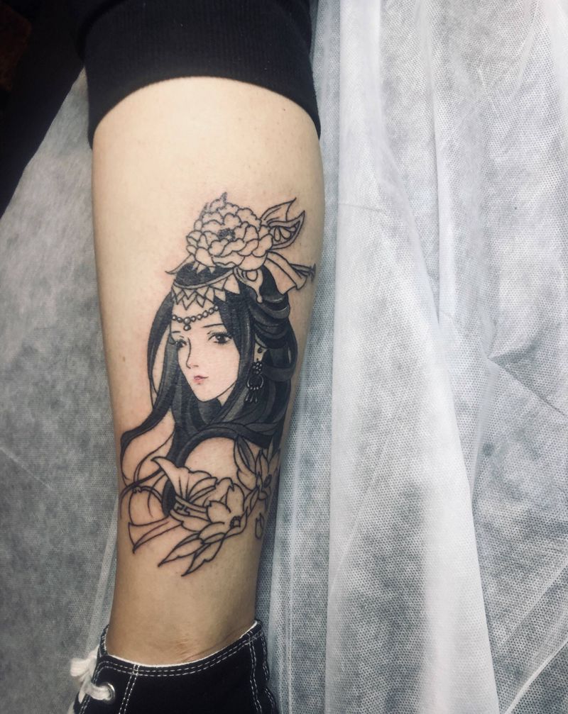 艺姬纹身图片_腿部新传统纹身图案