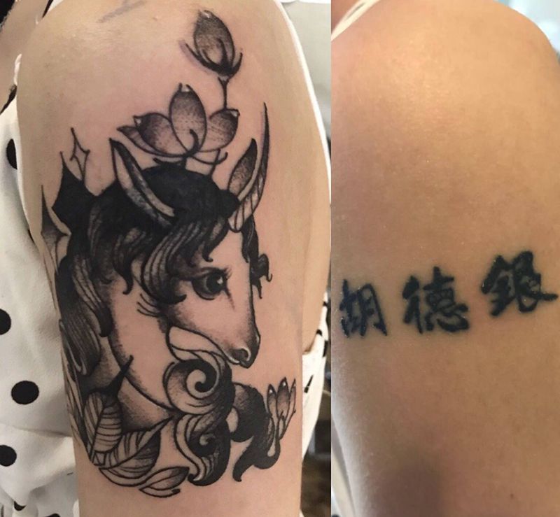 独角兽纹身图片_手臂新传统纹身图案