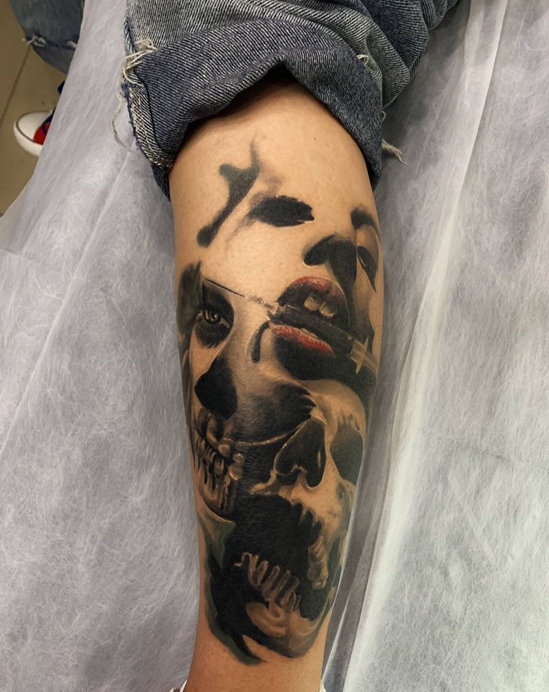 小腿欧美恢复后纹身图片_腿部欧美写实纹身图案