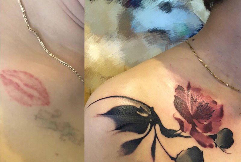 水墨花覆盖纹身图片_胸部纹身图案