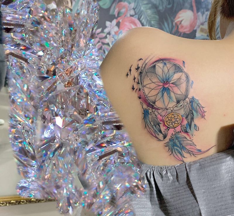 水彩捕梦网纹身图片_肩部水彩纹身图案