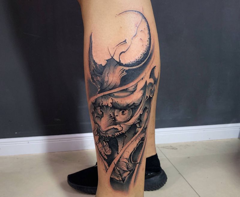 不一样的般若纹身图片_腿部新传统纹身图案