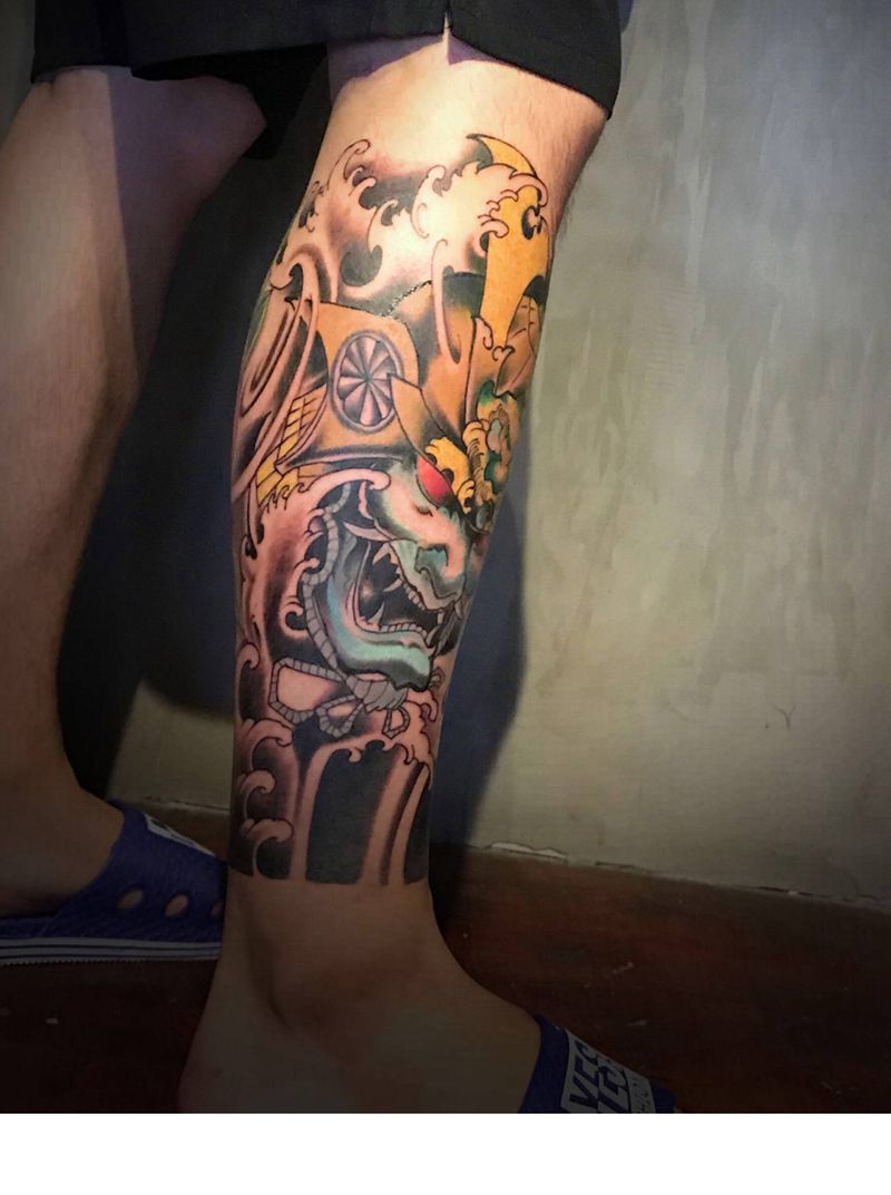 鬼武士纹身图片_腿部纹身图案