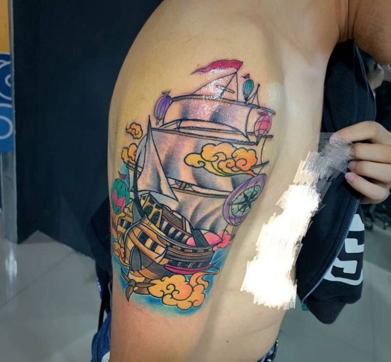 彩色school船  一帆风顺纹身图片