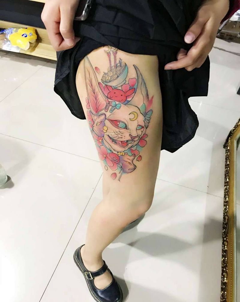 大腿彩色school纹身图片