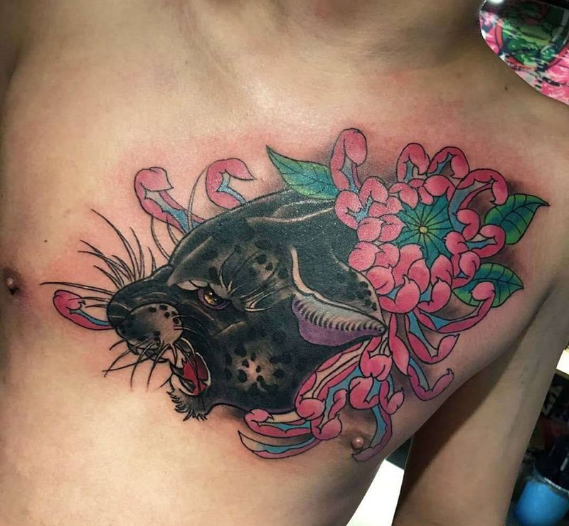 豹子  菊花纹身图片