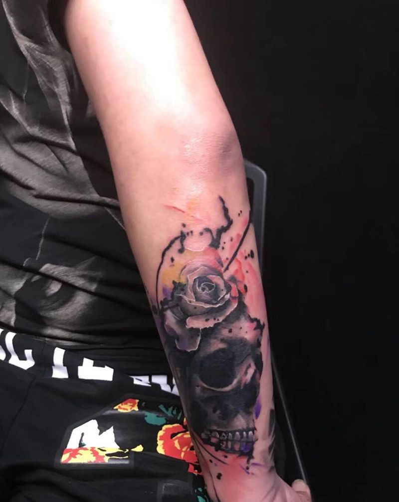 水彩写实风格骷髅。纹身图片