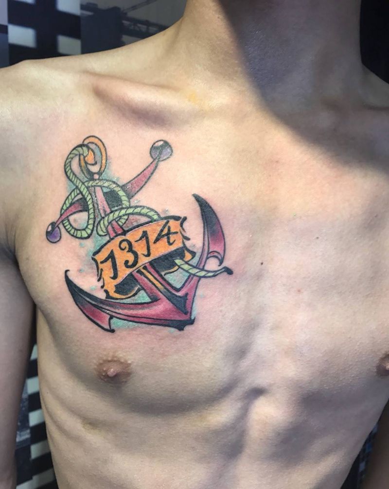 彩色船锚纹身图片