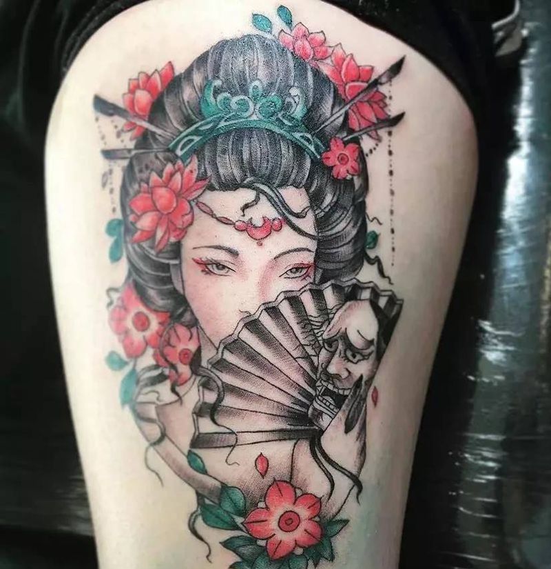 艺妓纹身图片_腿部纹身图案