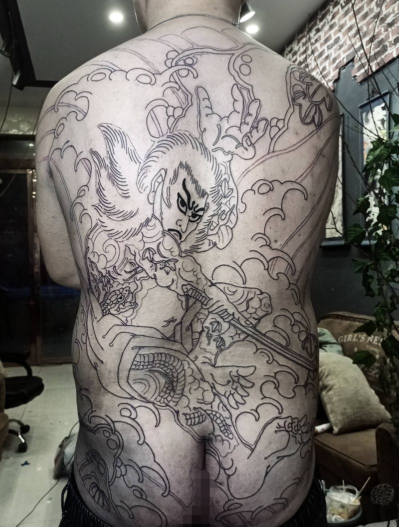 浪切张顺未扩线纹身图片_背部老传统日式满背张顺纹身图案