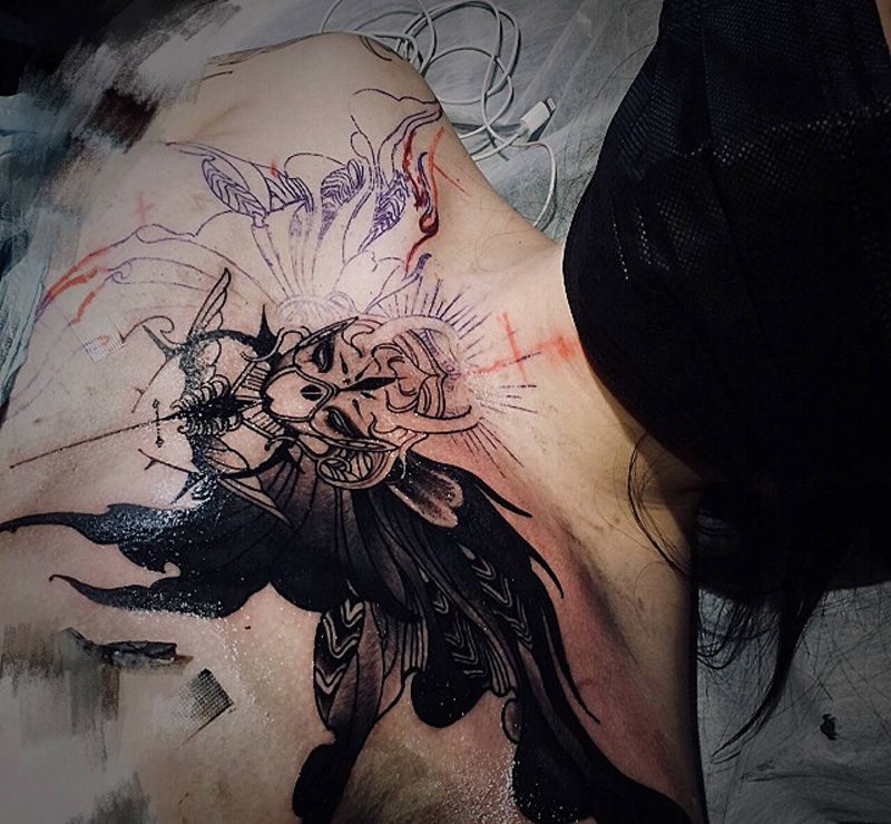 暗黑系花胸纹身图片