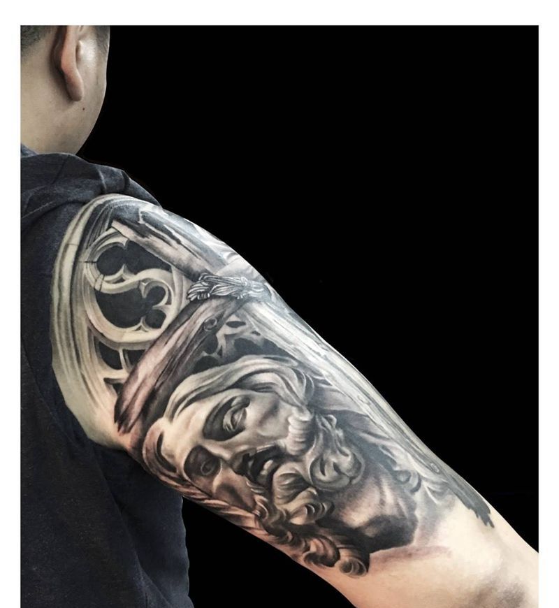 雕塑纹身图片_成品手臂欧美肖像宗教人物纹身图案