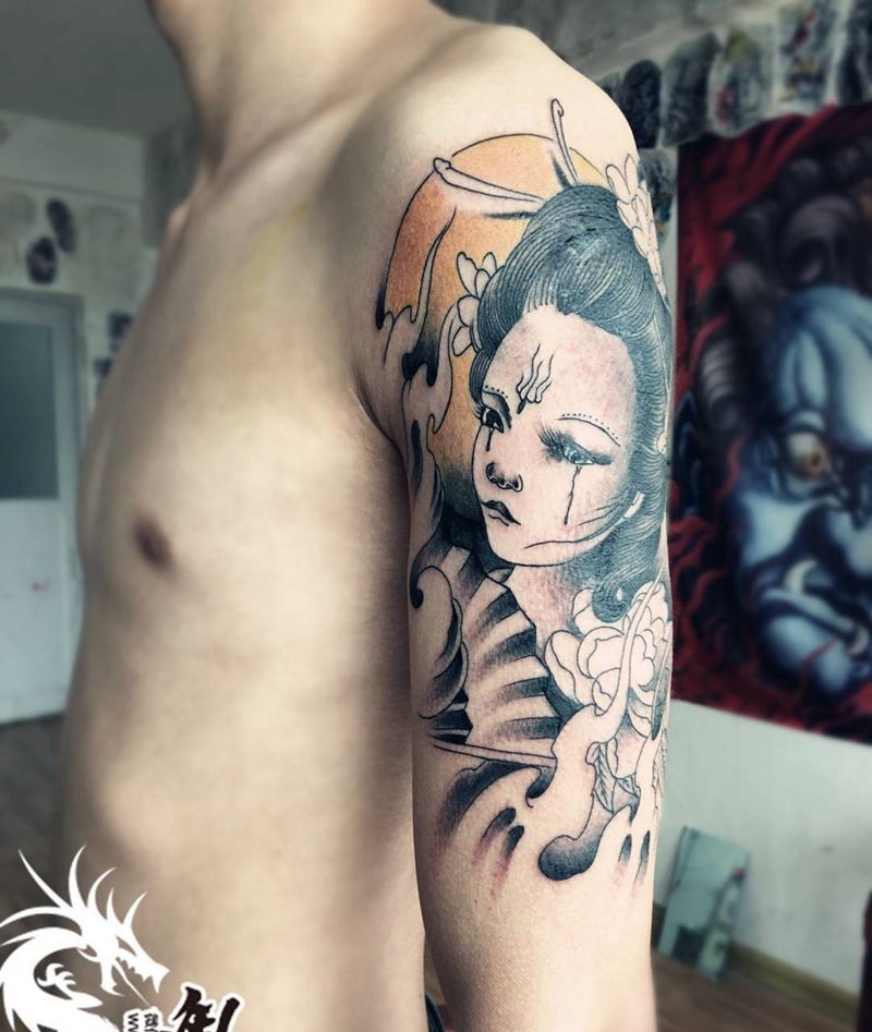 大臂艺妓纹身图片