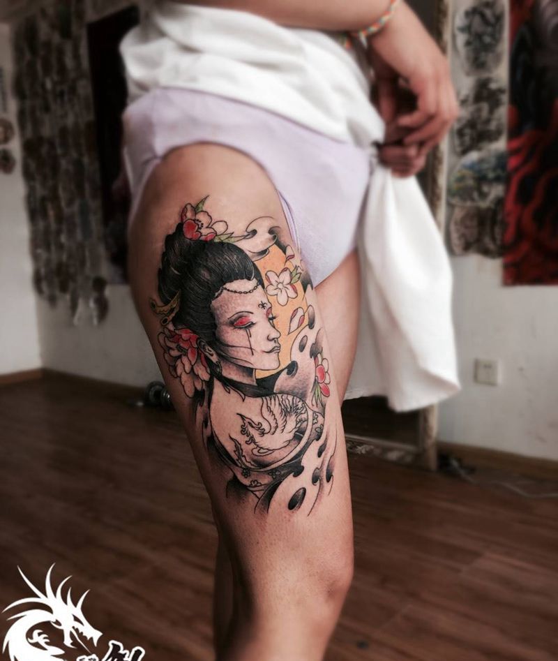 美女大腿艺妓纹身图片