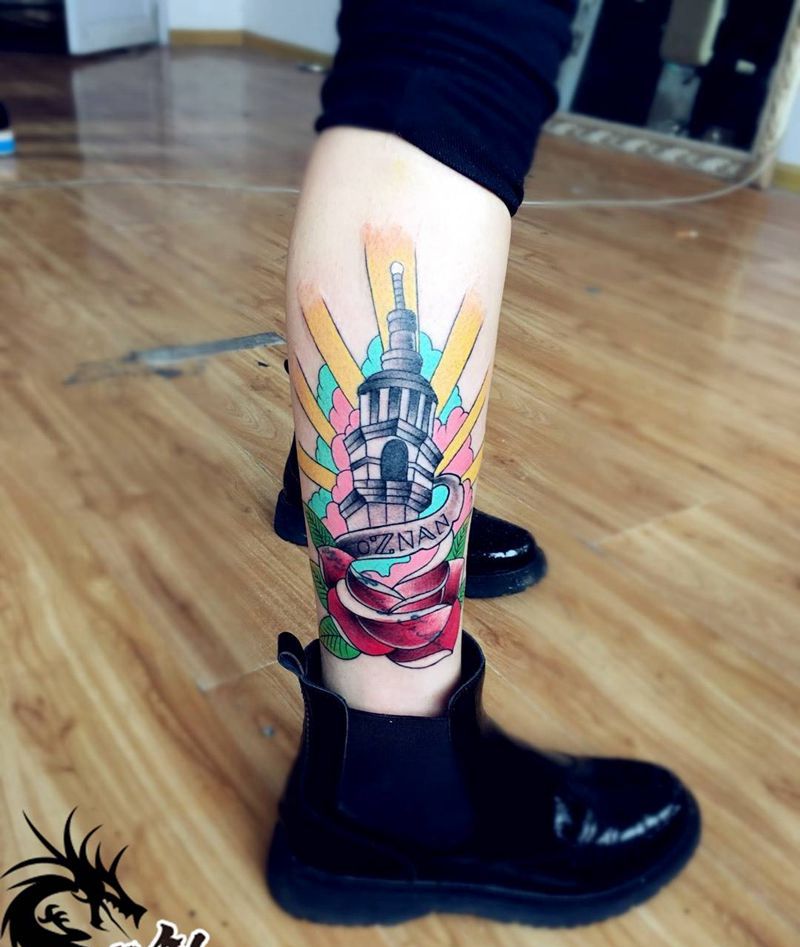 美女小腿灯塔纹身图片