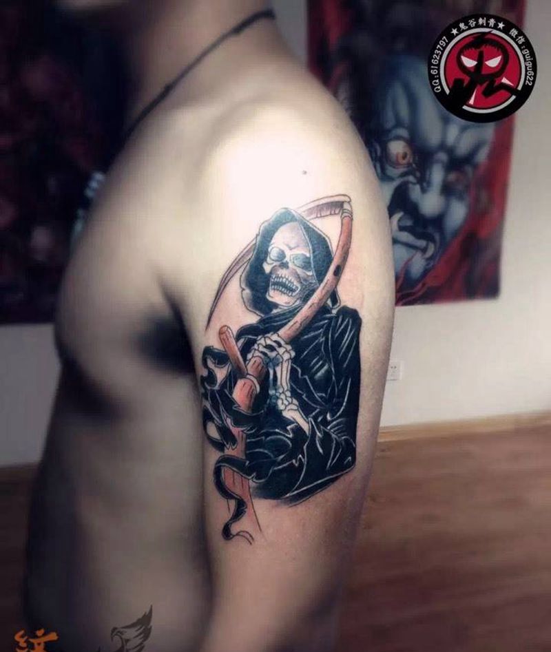 死神纹图纹身图片_成品手臂欧美鬼神纹身图案
