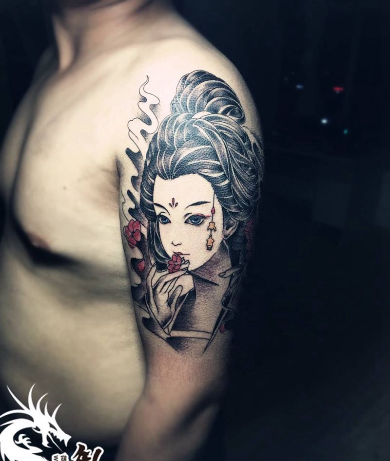 大臂艺妓纹身图片