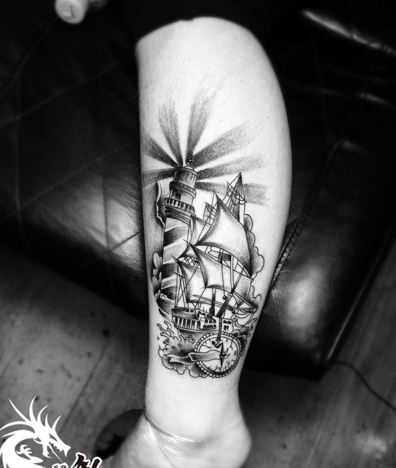 灯塔帆船纹身图片