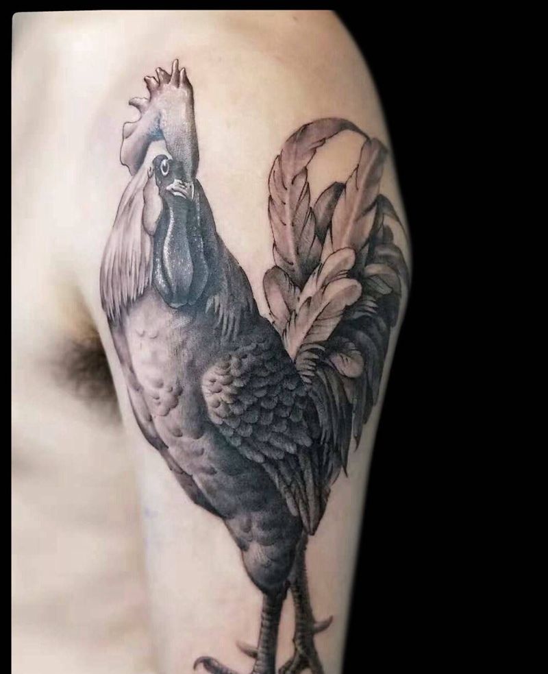 富贵公鸡纹身图片_手臂纹身图案