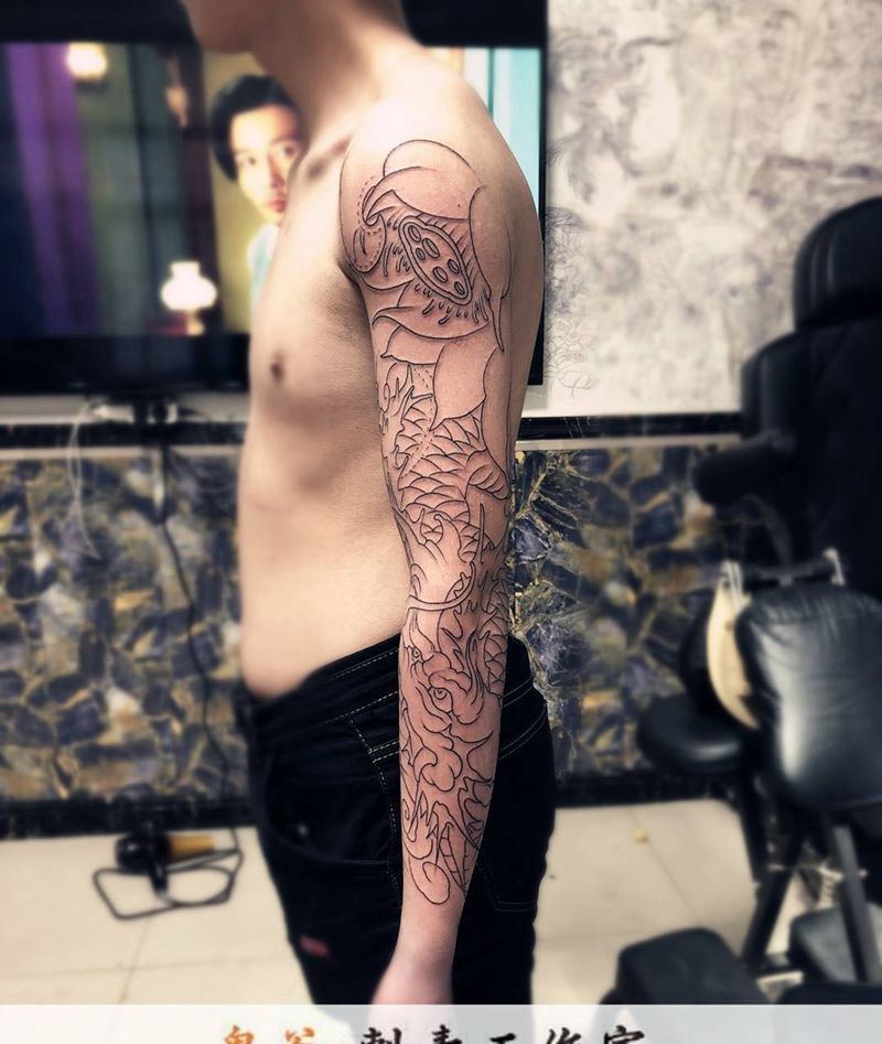 花臂线条纹身图片