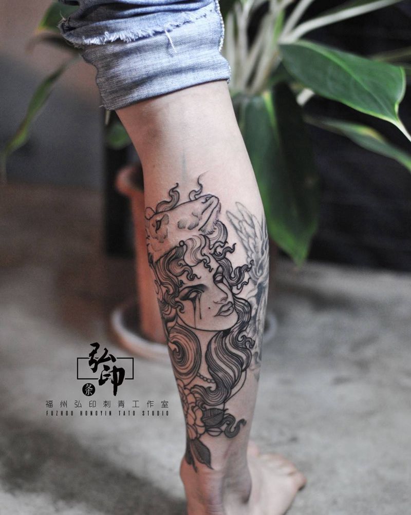 线纹身图片_成品腿部欧美人物动物纹身图案