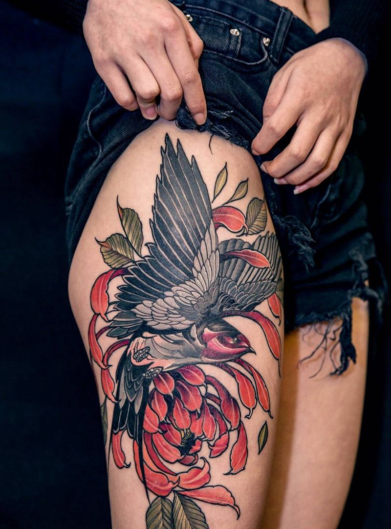 鸟与菊纹身图片_成品欧美清新腿部动物纹身图案