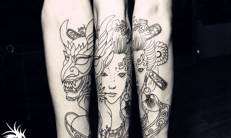 小臂艺妓线条纹身图片