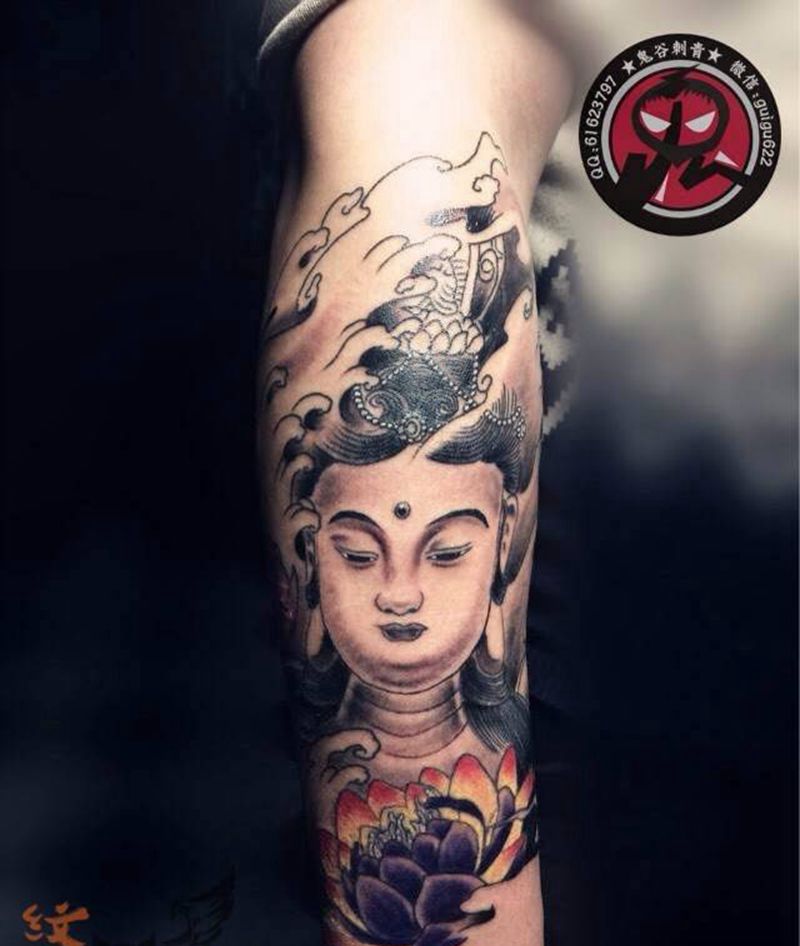 小臂佛像纹身图片_成品手臂传统肖像宗教人物纹身图案