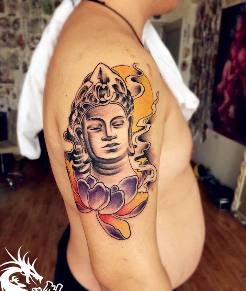 大臂佛头纹身图片