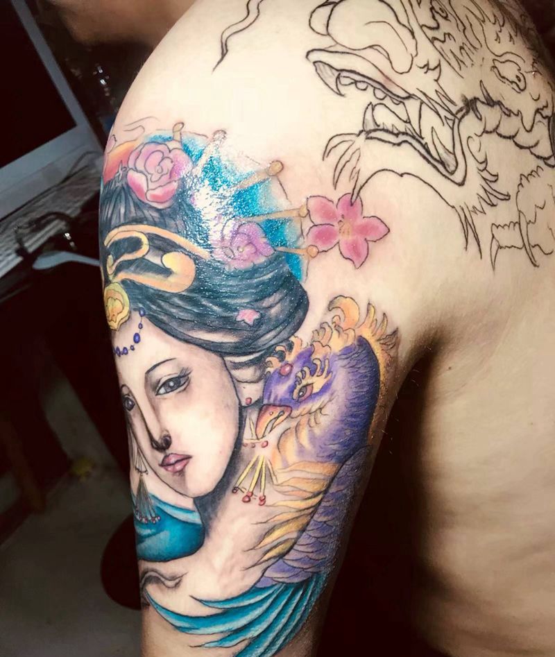 艺妓 遮盖纹身图片_手臂肩部新传统艺妓 遮盖纹身图案