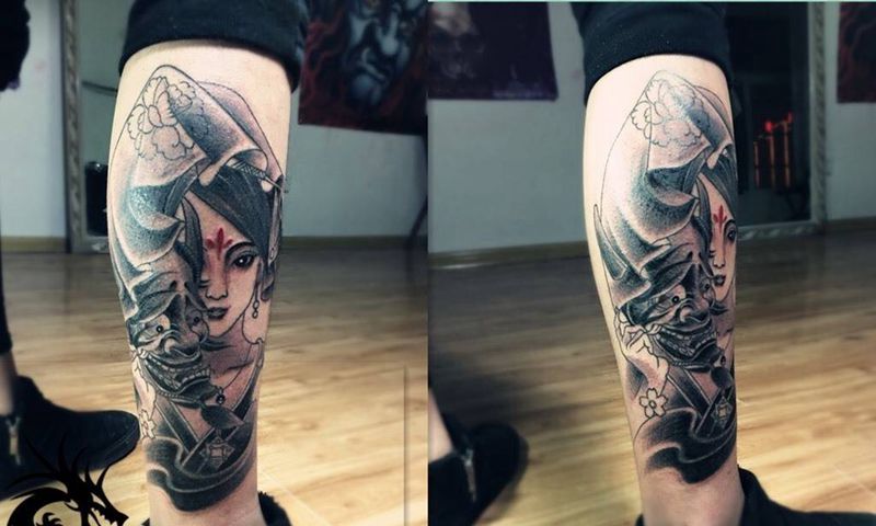 小腿纹身，艺妓纹身纹身图片