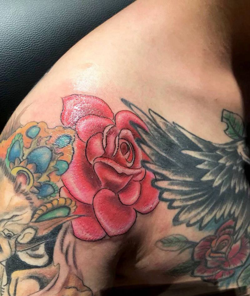 花胸 修改 添加 未完。纹身图片_肩部胸部欧美写实玫瑰纹身图案