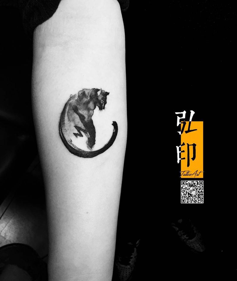 水墨晕彩喵星人纹身图片