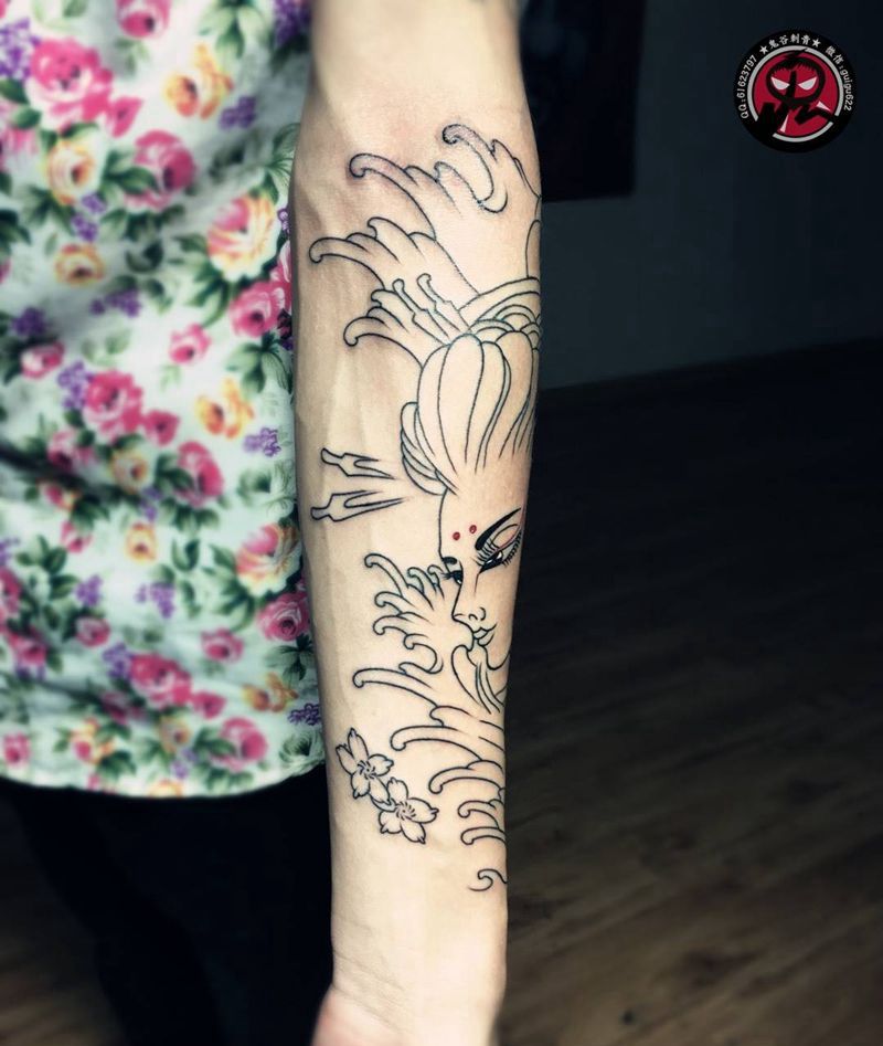 小臂艺妓割线下次再续纹身图片_成品手臂欧美人物纹身图案