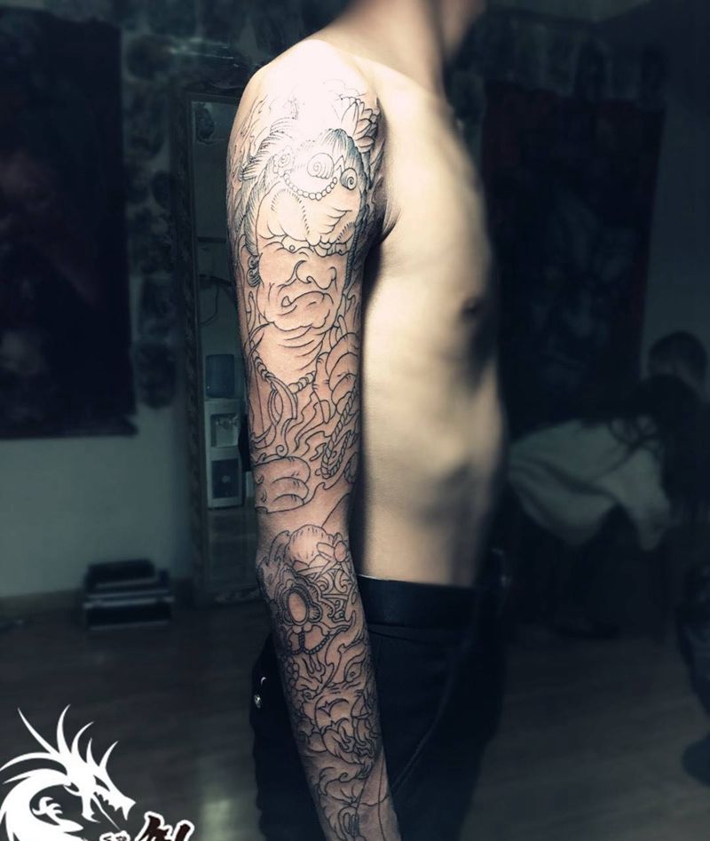 花臂线条纹身图片