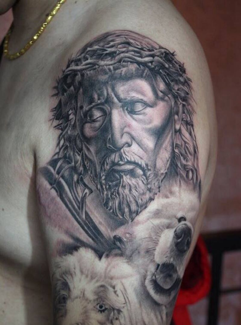 基督耶稣纹身图片_成品手臂欧美肖像写实人物纹身图案