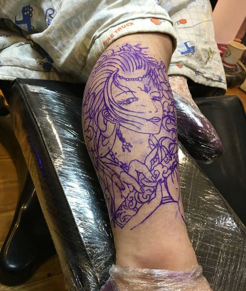 美女图纹身图片_成品脚部传统肖像人物纹身图案