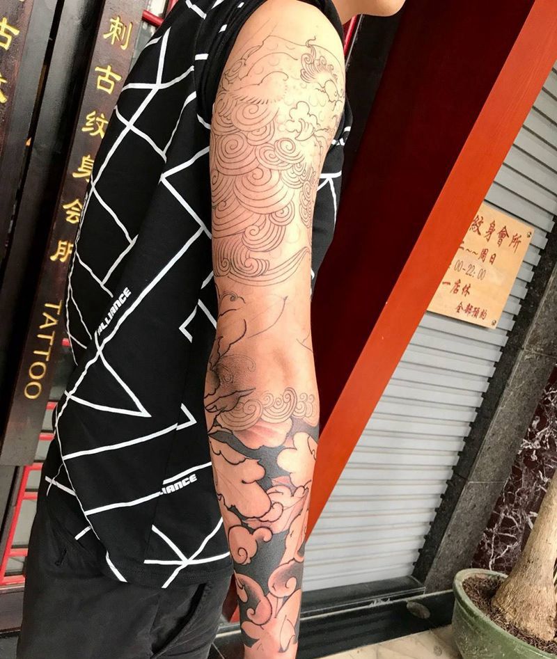 唐狮花臂未完成纹身图片