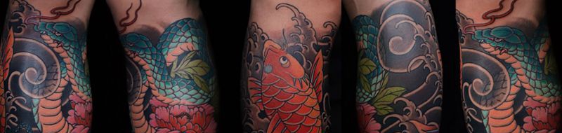 包小腿 舍利纹身图片_腿部新传统老传统鲤鱼蛇纹身图案