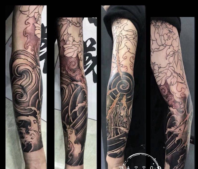 #原创浪水花臂#纹身图片_手臂新传统老传统纹身图案