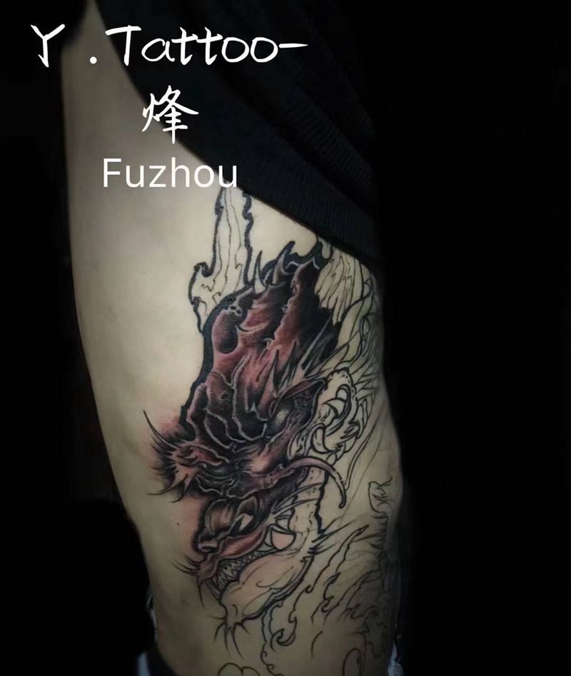#龙头未完成#纹身图片_腹部腰部老传统新传统纹身图案