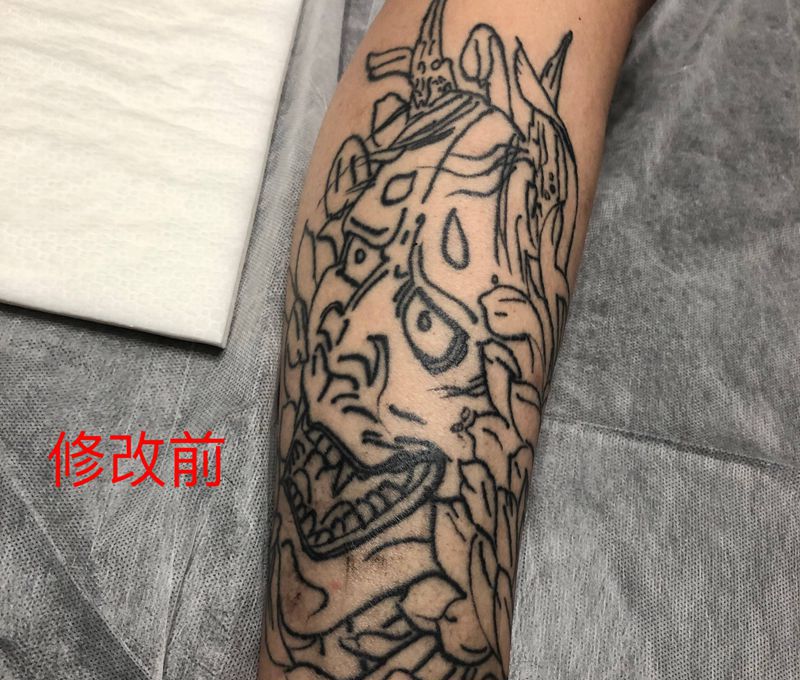 毁皮般若线条，修改上色包小腿纹身图片_腿部老传统纹身图案