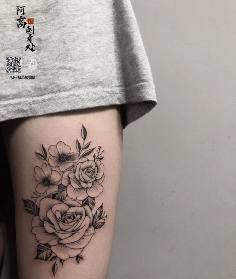 素花纹身图片_腿部点刺纹身图案