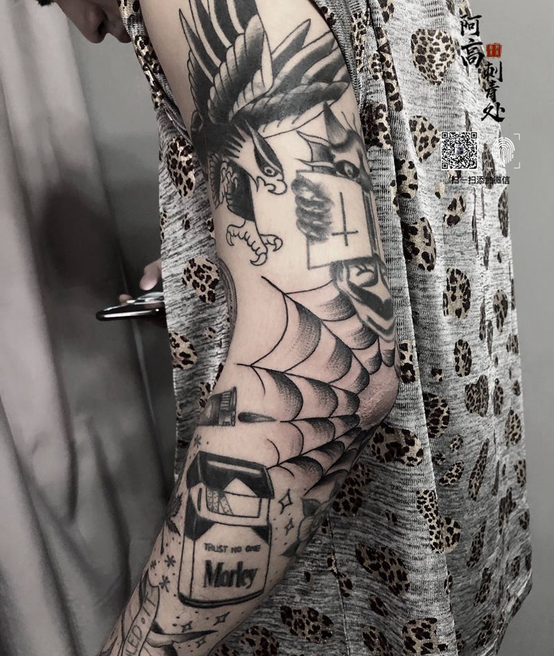 蜘蛛网纹身图片_手臂Old School点刺纹身图案