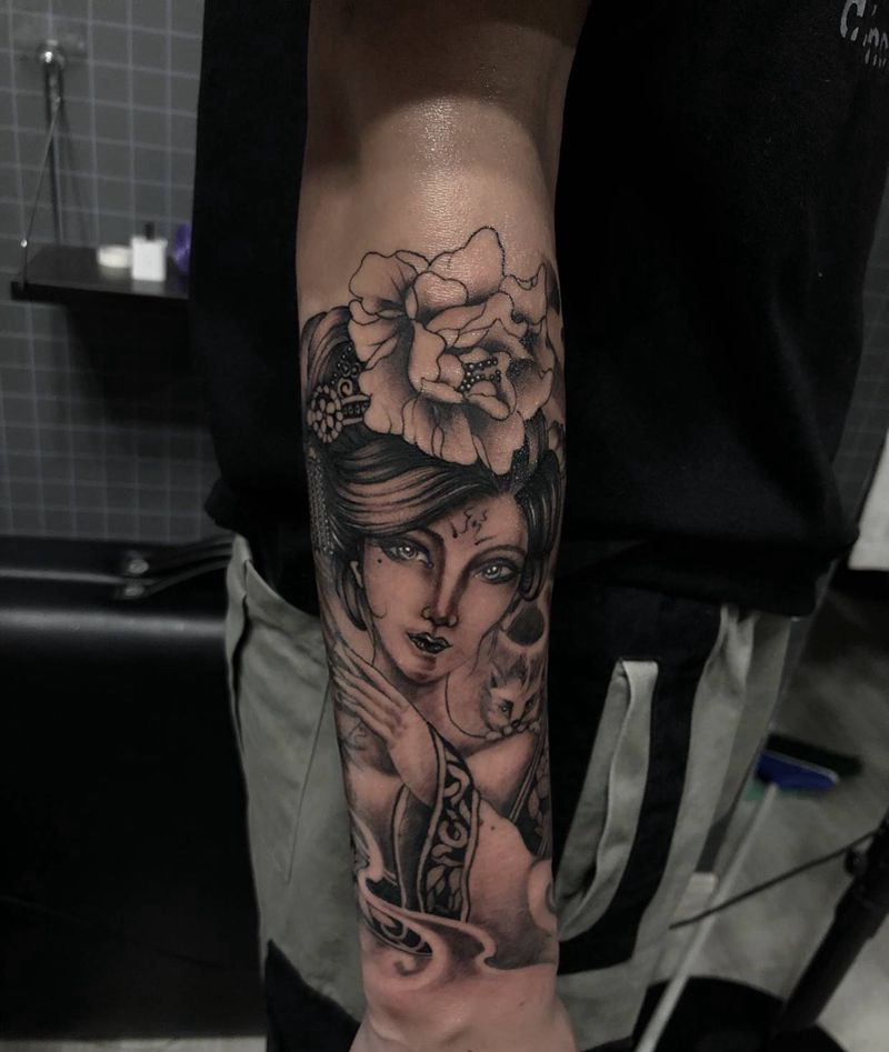 艺妓纹身图片_手臂新传统纹身图案