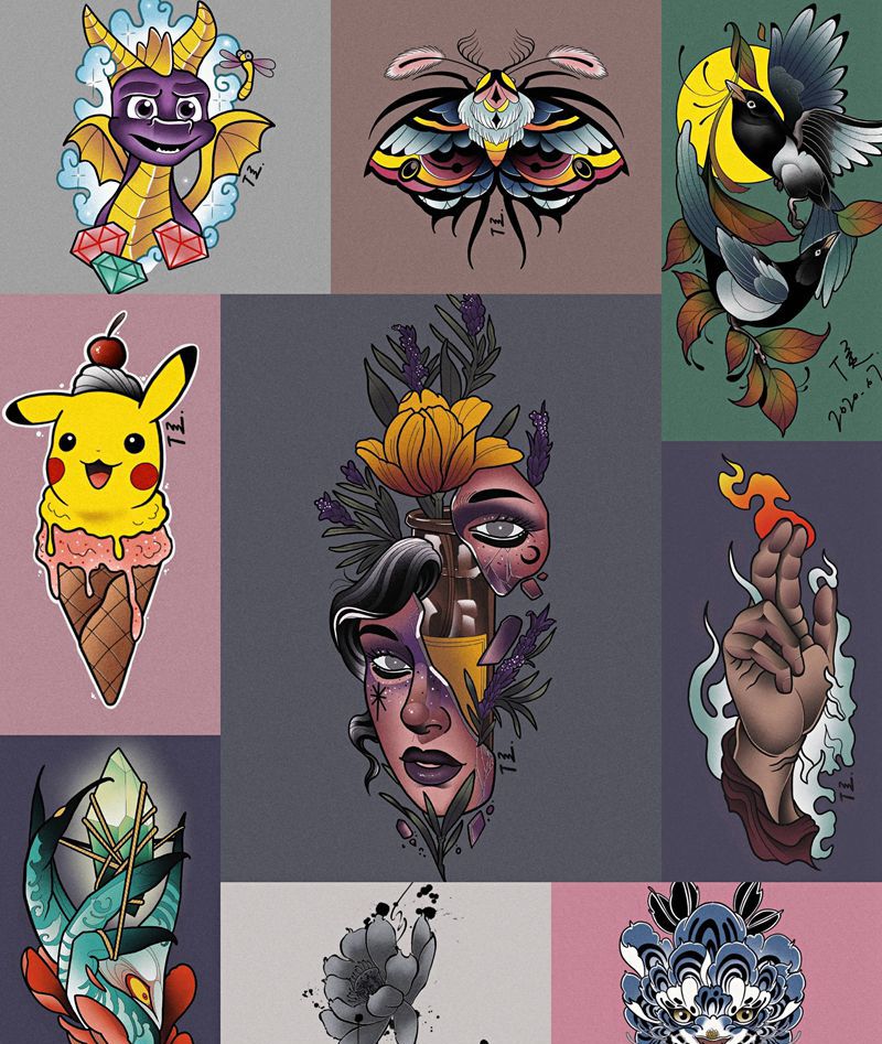 临摹纹身图片_New School纹身图案