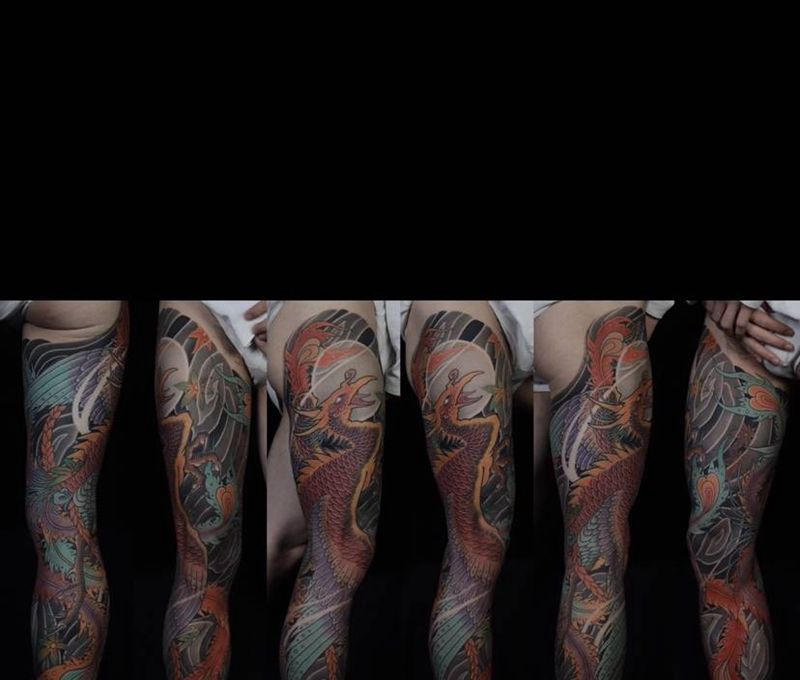 包整腿凤凰纹身图片_腿部老传统新传统凤凰枫叶